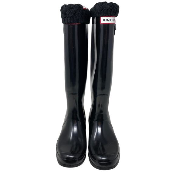 Hunter Original Black Rain Snow Water High Gloss Boots w/ Socks 8M - Picture 4 of 7